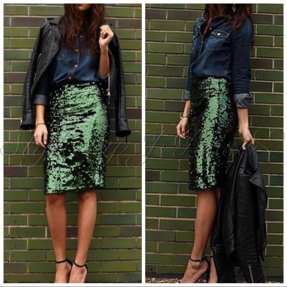 GREEN SPARKLER Sequin Pencil Skirt
